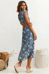 Becky Cap Sleeve Crew Neck Midi Dress Floral Print Ink