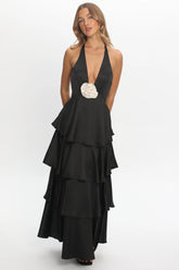 Catalina Tiered Ruffle Rosette Maxi Dress Black