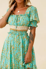 Summer In Paris Puff Sleeve Open Back Dress Botanical Print Mint