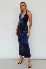 Byzantine Cowl Halterneck Midi Dress Floral Midnight Blue