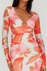 Chardae Long Sleeve Mesh Midi Dress Floral Pink