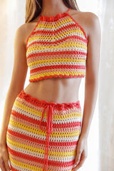 Soul Sister Fringe Hem Crochet Midi Skirt Red