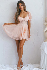 Soho Puff Sleeve Tied Back Lace Mini Dress Blush
