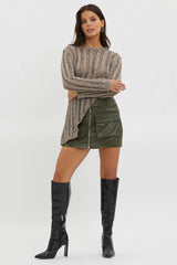Evergreen Asymmetrical Hem Ribbed Knit Top Khaki