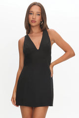 Ashe Crossover Back V Neck Mini Dress Black