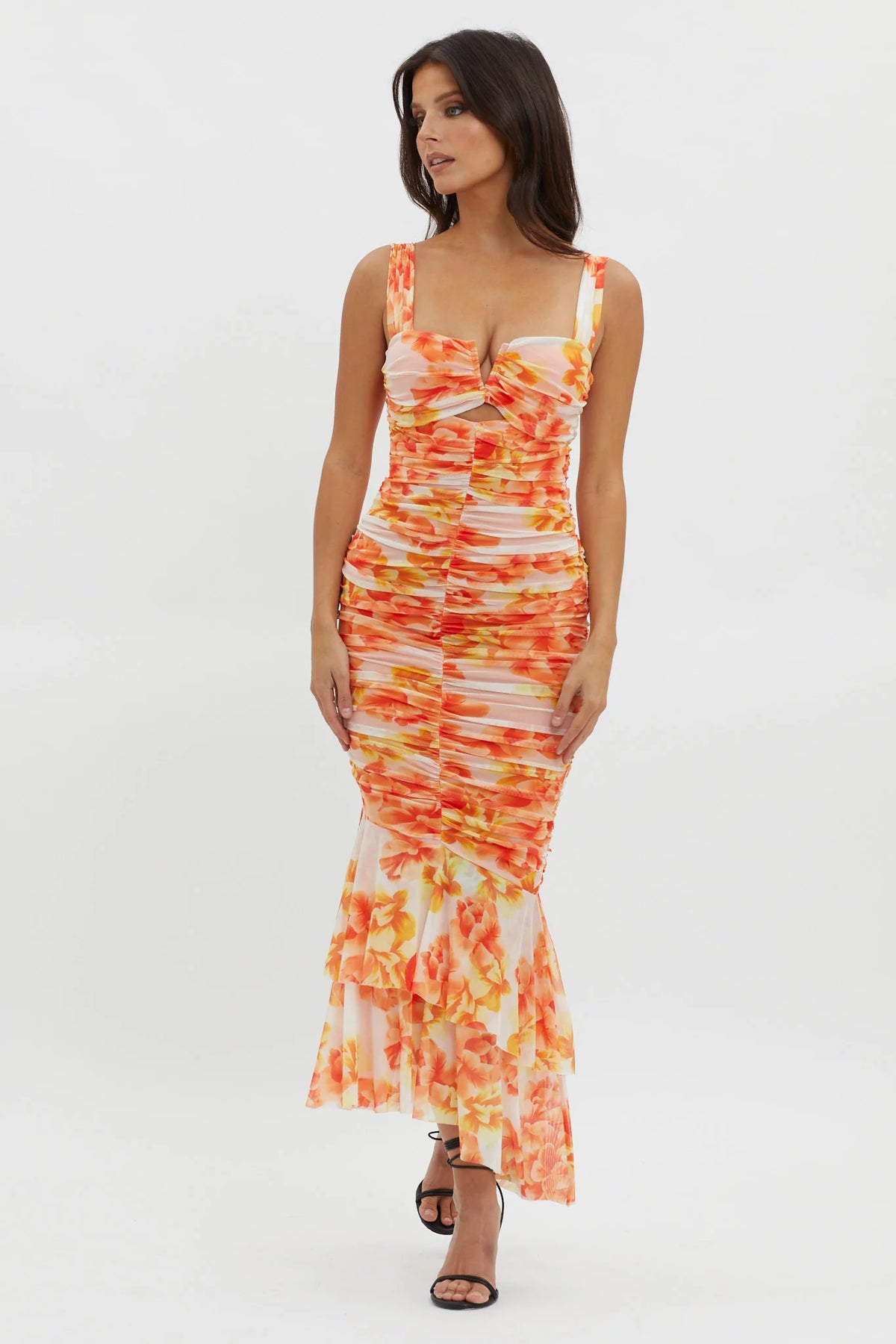 Nadia Ruched Fishtail Midi Dress Floral White