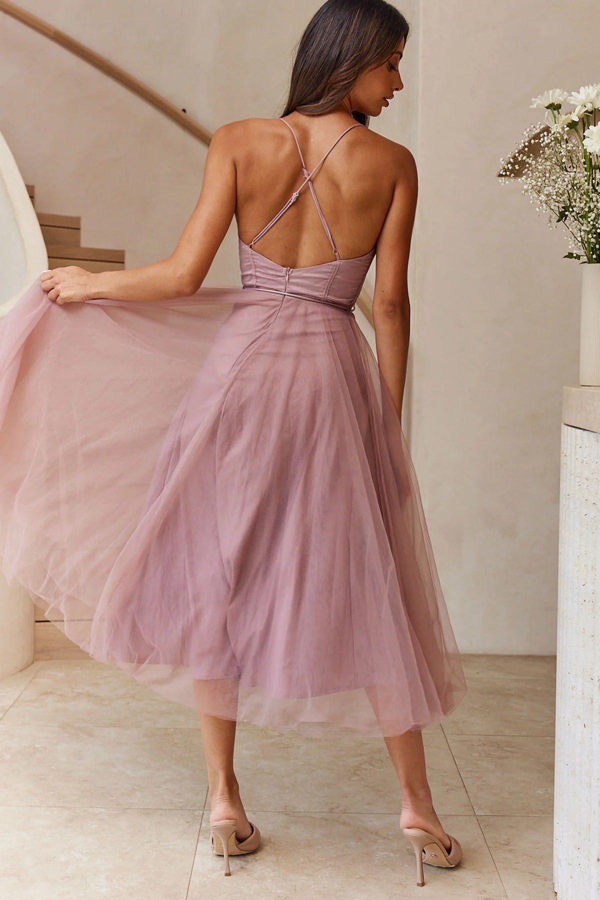 Smitten Sweetheart Neckline Chiffon Midi Dress Rose