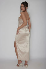 Yadira Sequin Bodice Satin Midi Dress Nude
