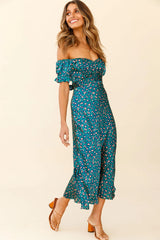 Linka Off-Shoulder Tie Back Midi Dress Leopard Print Green