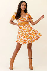 Summer In Paris Puff Sleeve Open Back Dress Floral Print Mustard Multi