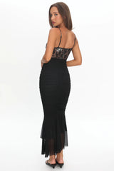 Cherubim Lace Insert Ruched Midi Dress Black
