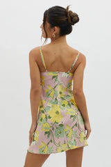 Fortune Lace Trim Bust Tie Mini Dress Floral Pink