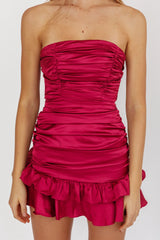 Annabella Strapless Tied Back Frill Hem Mini Dress Plum